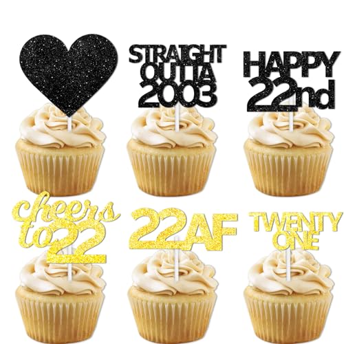 18 Stück schwarz gold Glitzer Dessert Cupcake Pick für Straight Outta 2001 Cheer to 22 Years Old Thema Decor Supplies Happy 22nd Birthday Party Dekoration 18 Stück schwarz gold Glitzer Dessert Cupcake Pick für Straight Outta 2001 Cheer to 22 Years Old Thema Decor Supplies Happy 22nd Birthday Party Dekoration von LETLIMIT