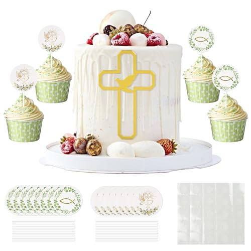 LETTERASHQP 25 Stück Taufe Cupacake Topper, Tortendeko Kreuz Gold, Goldenes Kreuz Tortendeko, Fisch Kommunion Cake Topper, Tortendeko Kreuz Gold für Hochzeit Babyparty Geburtstag Party Kommunion von LETTERASHQP