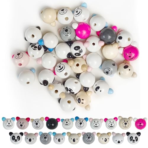 LETTERASHQP 30 Stück Koala Bär Panda Gesicht Holzperle, Natur Holzkugeln mit Niedlichen Tiergesichtern, Panda Kopf Holzperlen Zur Herstellung von Quasten, Halsketten, Armbändern (Zufällige Farbe) von LETTERASHQP