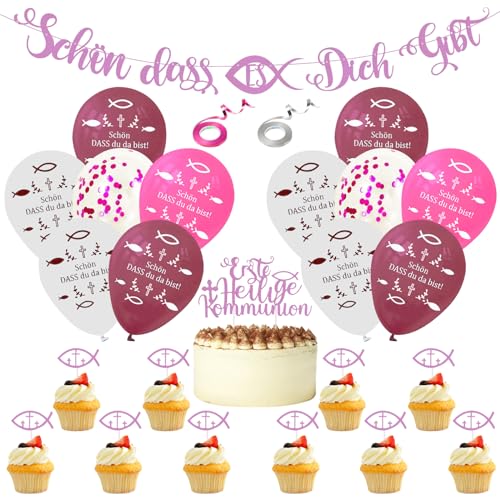 LETTERASHQP Luftballons Kommunion 32 Stück Kommunion Deko mädchen, Kommunion Luftballons mit Taufe Cupcake Topper, Kommunion Girlande und Tortendeko Kommunion für Taufdeko Mädchen Kommunion Tischdeko von LETTERASHQP