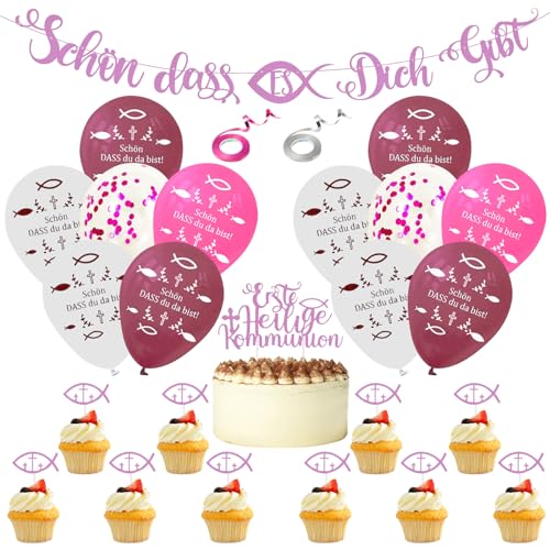 32 Stück Kommunion Deko Mädchen Deko Kommunion Mädchen Tischdeko Kommunions Luftballons Schön DASS Du da Bist Rosa mit Taufe Cupcake Topper Tortendeko von LETTERASHQP