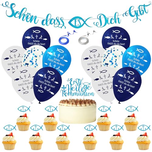 LETTERASHQP Kommunion Luftballons 32 Stück Kommunion Deko Junge, Luftballons Kommunion mit Taufe Cupcake Topper, Kommunion Girlande und Tortendeko Kommunion für Taufdeko Junge Kommunion Tischdeko von LETTERASHQP