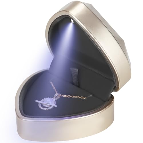 LETURE Herzförmige LED-Anhänger-Halskettenbox, Schmuck-Geschenk-Boxen für Armbänder, kleines Schmuckdisplay mit Licht für Antrag, Verlobung, Hochzeit, Valentinstag (Gold) von LETURE