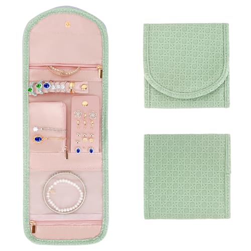 LETURE PU-Leder-Reise-Schmuck-Organizer-Koffer, faltbar, kleine Schmuckrolle für Reise, Ring, Anhänger, Ohrringe, Halskette, Armband (grün) von LETURE