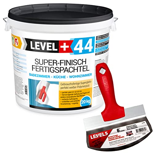 Super Finish Fertigspachtel Q1-Q4 Spachtelmasse 20kg Perfekt Glatt Weiß Innenbereich + Eimerschaber Eimerschaufel EdelstahlSet RM44/5-210 von LEVEL+