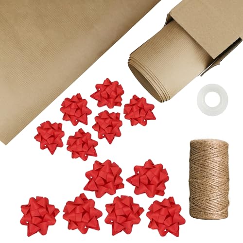 LEVIATAN Geschenkverpackungsset, Geschenkpapier, selbstklebenden dekorativen Sternen, Jutekordel und Klebeband, Geschenkpapier, Selbstklebende Sterne, Jutekordel, Klebeband, M, Rot von Leviatan