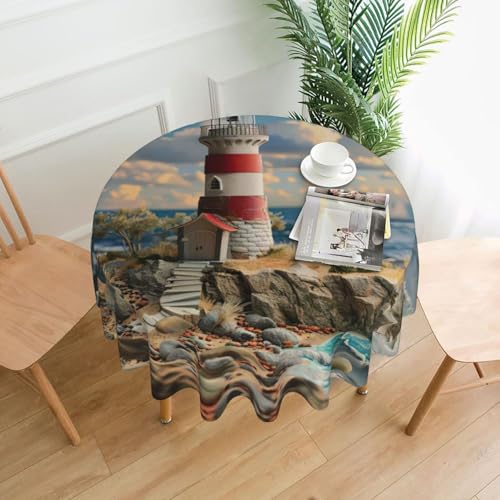 LEVNDIEJ Runde Tischdecke mit Leuchtturm-Motiv, für drinnen und draußen, Picknick-Tischdecke, Küche, Terrasse, Party von LEVNDIEJ