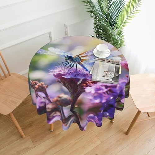 LEVNDIEJ Runde Tischdecke mit Libellen- und Blumendruck, für drinnen und draußen, Picknick-Tischdecke, Küche, Terrasse, Party von LEVNDIEJ
