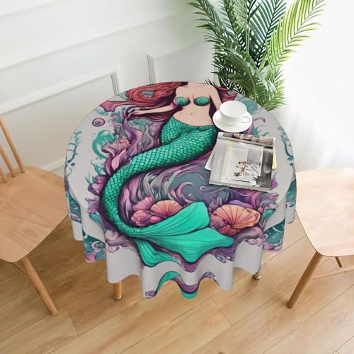 LEVNDIEJ Runde Tischdecke mit Meerjungfrauen-Motiv, bedruckt, für drinnen und draußen, Picknick-Tischdecke, Küche, Terrasse, Party von LEVNDIEJ