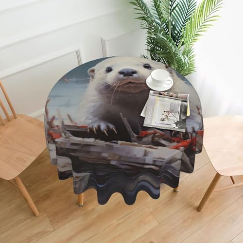 LEVNDIEJ Runde Tischdecke mit weißem Otter-Druck, für drinnen und draußen, Picknick-Tischdecken, Küche, Terrasse, Party von LEVNDIEJ