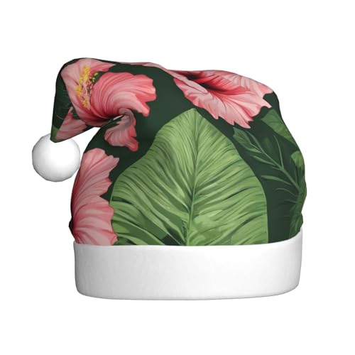 LEVNDIEJ Weihnachtsmütze für Erwachsene, Motiv: Vegetationsblätter mit Hibiskusblüten 02, Weihnachtsmütze, Urlaub für Unisex, Weihnachtsmütze für Neujahr, festliche Party von LEVNDIEJ