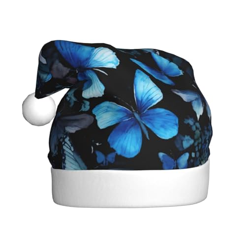 LEVNDIEJ Weihnachtsmütze mit blauen Schmetterlingen, weißen Blumen, Erwachsene, Weihnachtsmütze, Feiertag für Unisex, Weihnachtsmütze für Neujahr, festliche Party von LEVNDIEJ