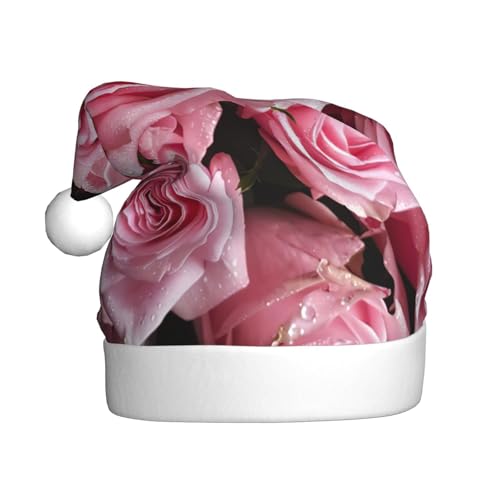 LEVNDIEJ Weihnachtsmütze mit rosa frischen Rosen, für Erwachsene, Weihnachtsmütze, Urlaub für Unisex, Weihnachtsmütze für Neujahrsparty von LEVNDIEJ