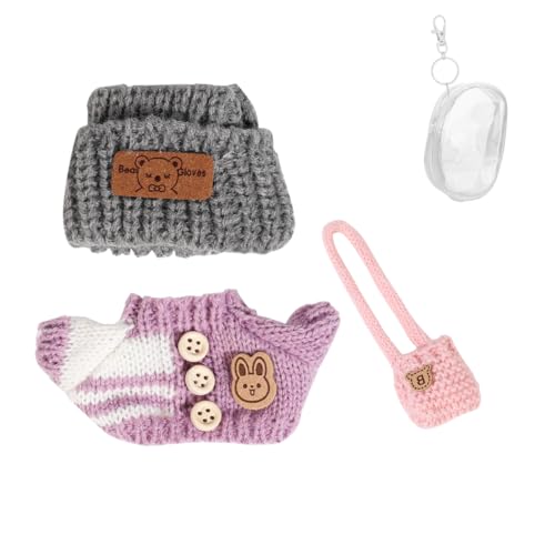 Kleidung Set für 17 cm Puppe, Hut Anzug Ornamente Zubehör Set für Jede 17cm/ 6,7Zoll Puppe [Mit Puppe Kleidung Aufbewahrungstasche] (Grey Hat/Purple Clothes/Pink Bag) von LEWOTE