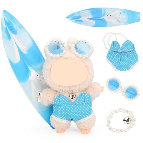 LEWOTE Kleidung Set Kompatibel für Labubu Puppe, Hut Anzug Ornamente Zubehör Set für 17cm / 6,7 Zoll Puppe (Blue Swimsuit/Surfboard/Necklace/Glasses) von LEWOTE
