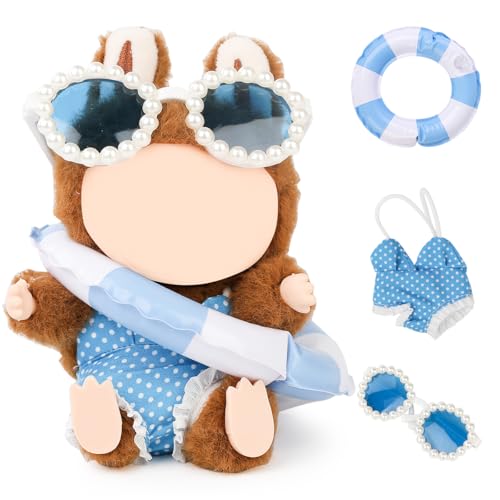 LEWOTE Kleidung Set Kompatibel für Labubu Puppe, Hut Anzug Ornamente Zubehör Set für 17cm / 6,7 Zoll Puppe (Blue Swimsuit/Swim Ring/Glasses) von LEWOTE
