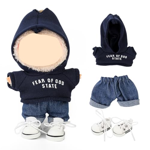 LEWOTE Kleidung Set Kompatibel für Labubu Puppe, Hut Anzug Ornamente Zubehör Set für 17cm / 6,7 Zoll Puppe (Dark Blue Hoodie/Jeans/Canvas Shoes) von LEWOTE
