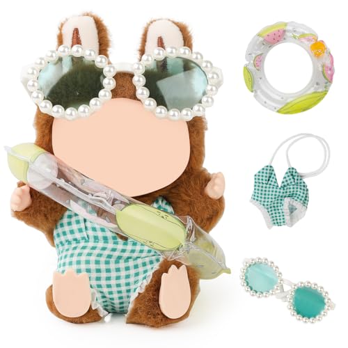 LEWOTE Kleidung Set Kompatibel für Labubu Puppe, Hut Anzug Ornamente Zubehör Set für 17cm / 6,7 Zoll Puppe (Green Swimsuit/Swim Ring/Glasses) von LEWOTE