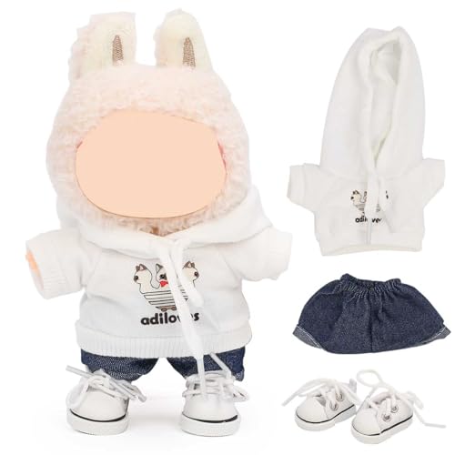 LEWOTE Kleidung Set Kompatibel für Labubu Puppe, Hut Anzug Ornamente Zubehör Set für 17cm / 6,7 Zoll Puppe (Hoodie/Denim Shorts/White Shoes) von LEWOTE