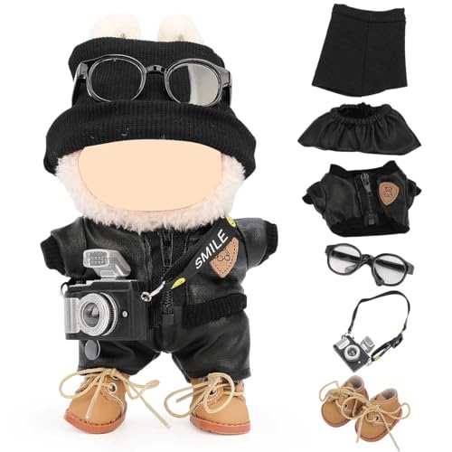 LEWOTE Kleidung Set Kompatibel für Labubu Puppe, Hut Anzug Ornamente Zubehör Set für 17cm / 6,7 Zoll Puppe (Leather Jacket/Pants/Glasses/Hat/Martin Boots Set 10) von LEWOTE