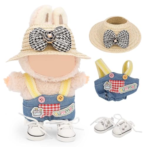 LEWOTE Kleidung Set Kompatibel für Labubu Puppe, Hut Anzug Ornamente Zubehör Set für 17cm / 6,7 Zoll Puppe (Overalls/Straw Hat/Shoes Set 3) von LEWOTE