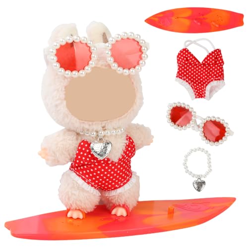 LEWOTE Kleidung Set Kompatibel für Labubu Puppe, Hut Anzug Ornamente Zubehör Set für 17cm / 6,7 Zoll Puppe (Red Swimsuit/Surfboard/Necklace/Glasses) von LEWOTE