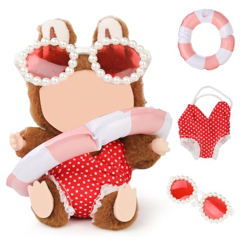 LEWOTE Kleidung Set Kompatibel für Labubu Puppe, Hut Anzug Ornamente Zubehör Set für 17cm / 6,7 Zoll Puppe (Red Swimsuit/Swim Ring/Glasses) von LEWOTE