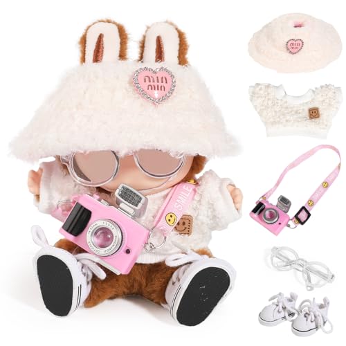 LEWOTE Kleidung Set Kompatibel für Labubu Puppe, Hut Anzug Ornamente Zubehör Set für 17cm / 6,7 Zoll Puppe (Set 1 Pink Camear) von LEWOTE