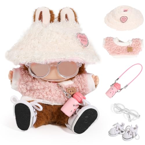 LEWOTE Kleidung Set Kompatibel für Labubu Puppe, Hut Anzug Ornamente Zubehör Set für 17cm / 6,7 Zoll Puppe (Set 2 Pink Kettle) von LEWOTE