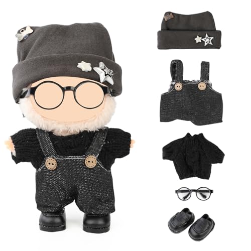 LEWOTE Kleidung Set Kompatibel für Labubu Puppe, Hut Anzug Ornamente Zubehör Set für 17cm / 6,7 Zoll Puppe (Sweater/Trendy Overalls/Hat/Glasses/Leather Boots Set 5) von LEWOTE