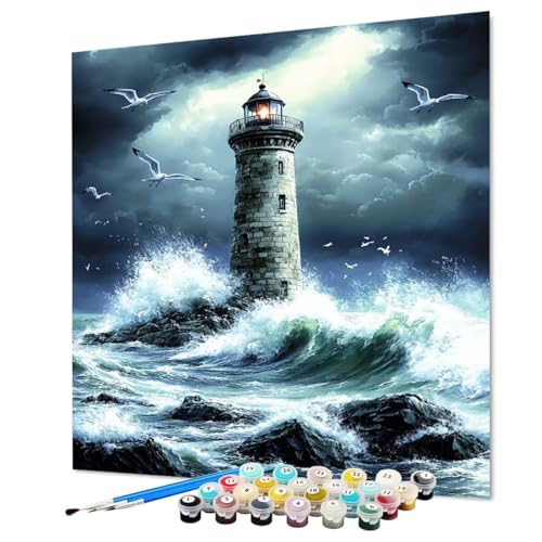 Malen Nach Zahlen Erwachsene Leuchtturm Malen Nach Zahlen Ozean Paint by Numbers mit Pinsel und Acrylfarben, DIY Bastelset Erwachsene Handgemalt Ölgemälde für Zimmer Deko 50 x 70 cm (Model-0397) von LEYAUPGO