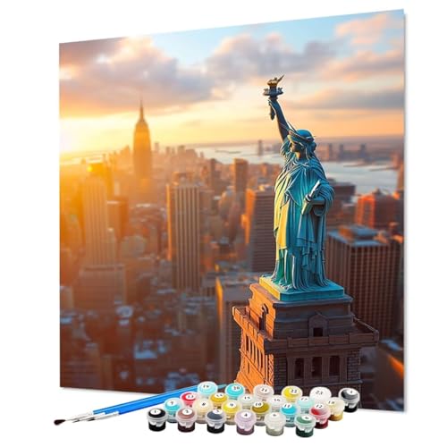 Malen Nach Zahlen Erwachsene Stadt Malen Nach Zahlen Freiheitsstatue Paint by Numbers mit Pinsel und Acrylfarben, DIY Bastelset Erwachsene Handgemalt Ölgemälde für Zimmer Deko 50 x 70 cm (Model-1373) von LEYAUPGO