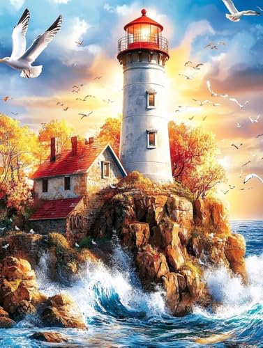 Meer Diamond Painting Leuchtturm Diamond Painting Erwachsene Kinder DIY 5D Vollbohrer Mosaikherstellung Stickerei Kreuzstich Diamanten Malerei Anfänger, Zimmer Deko Wohnzimmer Geschenke 50x70cm f7-43P von LEYAUPGO