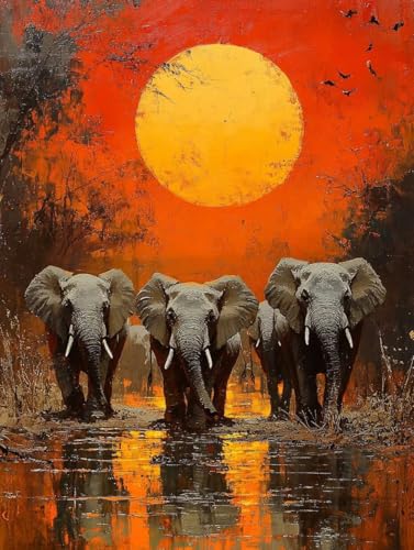 Sonnenuntergang Diamond Painting Erwachsene Kinder, Elefant Diamant Painting Bilder, 5D Vollbohrer Kristall Stickerei Kreuzstich Basteln Erwachsene Anfänger, Home Wand Deko Wohnzimmer 60x80cm 7r-89R von LEYAUPGO