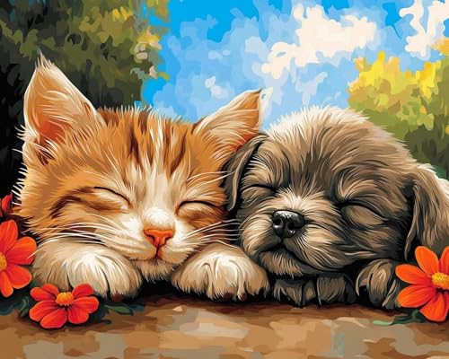 LEYIUYIU Präzises vorgedrucktes DIY Kreuzstichset für Kinder Erwachsene und Anfänger 11CT Stickset Wand und Heimdekoration – Katze und Welpe – 40x50cm von LEYIUYIU