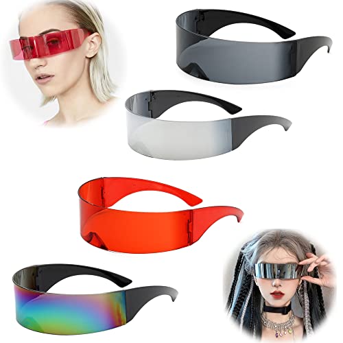 LEZED Innovativen Futuristischen Sonnenbrillen 4 Stück Weltraumbrille Futuristische Schmale Zyklopen Brille Rollenspiel Halloween Brillen Set Fun Glasses Space Brille Alien Brille für Party Ausgehen von LEZED