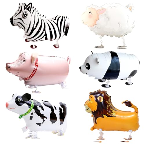 Walking Tier Ballons, 6 Stück Luftballons Tiere, Bauernhof Folienballon Kindergeburtstag Airwalker Ballons Kuh Schaf Schwein Löwe Zebra Panda Farm Helium Ballon für Kinder Mädchen Jungen von LEZYHIU