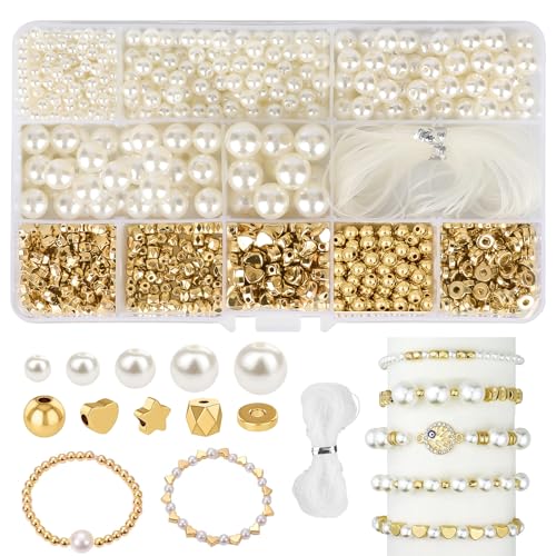 LFBEST 1090 Stück Perlen zum Auffädeln, Glasperlen Weiß Kunstperle Runde Perlen, Weiß Nachahmung Perlen Gold Abstandsperlen für DIY Halsketten Armbänder Schmuck Basteln(∅ 4, 6, 8, 10 12mm) von LFBEST