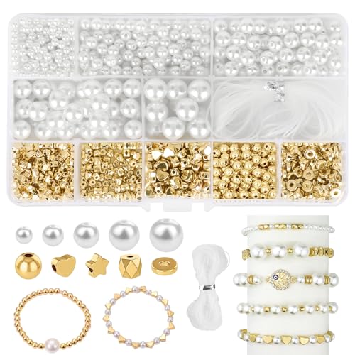 1090 Stück Perlen zum Auffädeln, Glasperlen Weiß Kunstperle Runde Perlen, Weiß Nachahmung Perlen Gold Abstandsperlen für DIY Halsketten Armbänder Schmuck Basteln(∅ 4, 6, 8, 10 12mm) von LFBEST