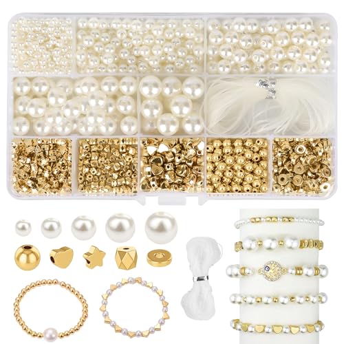1090pcs Pearl Beads for Bracelets Making, 4/6/8/10/12mm Round Pearls Beads Craft Kit with Crystal Wire for Jewelry Making, Mixed Imitation Beads Gold Beads for Bracelet Ornament DIY Craft Making von LFBEST
