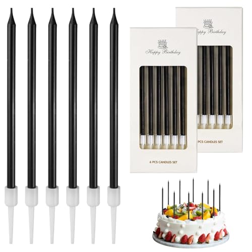 12 Stück Geburtstagskerzen Kuchen Schwarz, Dünn und Lang, Geruchsfrei, Ungiftig, Mit Ständer, für Dekorative Geburtstag Hochzeit Party, Geburtstagskerzen für Torte(Schwarz) von LFBEST