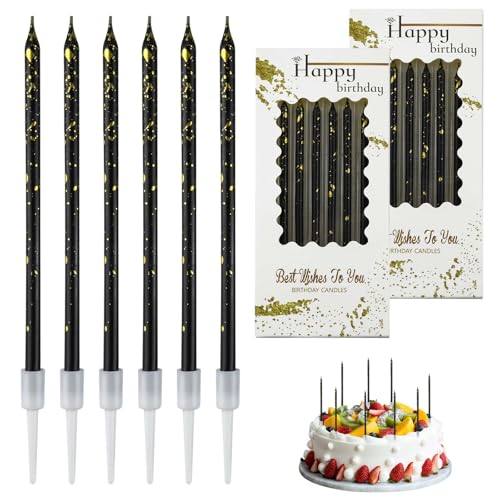 12 Stück Geburtstagskerzen Kuchen Schwarzes Gold, Dünn und Lang, Geruchsfrei, Ungiftig, Mit Ständer, für Dekorative Geburtstag Hochzeit Party, Geburtstagskerzen für Torte,Babyparty(Schwarzes Gold) von LFBEST