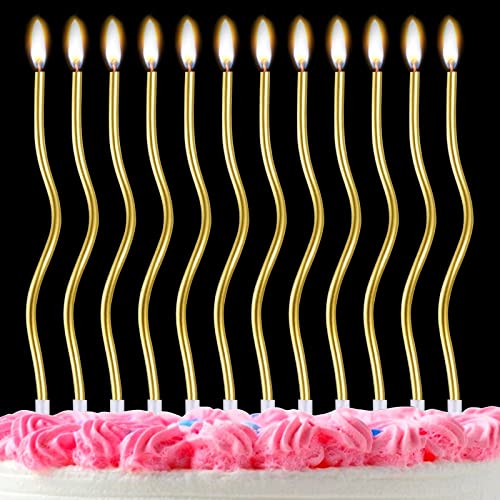12 Stück Twisty Geburtstagskerzen, Spirale Gold Geburtstagskerzen für Kuchen Metallic Glitzer Kuchen Kerzen Lange Dünne Spule Kuchen Kerzen mit Halter für Geburtstag Hochzeit Party Dekoration von LFBEST