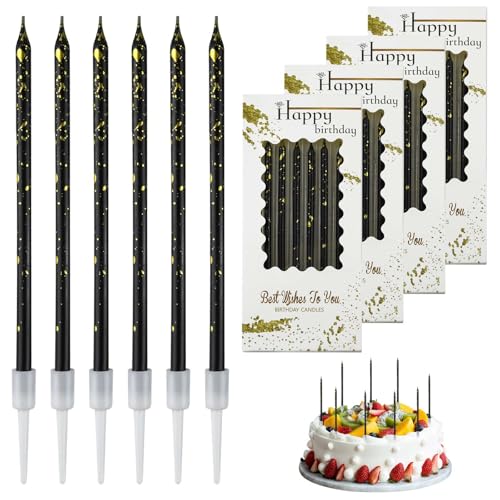 24 Stück Geburtstagskerzen Kuchen Schwarzes Gold, Dünn und Lang, Geruchsfrei, Ungiftig, Mit Ständer, für Dekorative Geburtstag Hochzeit Party, Geburtstagskerzen für Torte,Babyparty(Schwarzes Gold) von LFBEST
