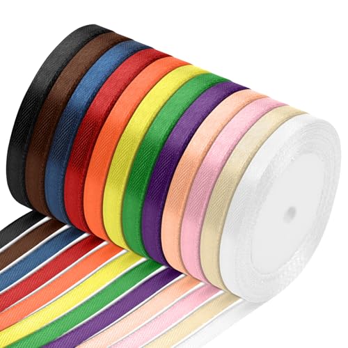 LFBEST Bänder zum Verpacken von Geschenken in 12 Farben, 12 Rollen, 6 mm x 22 m, dünnes Band-Set, Regenbogen-Stoffband für Hochzeit, Basteln, Kuchen, Geschenkverpackungen, Blumensträuße von LFBEST
