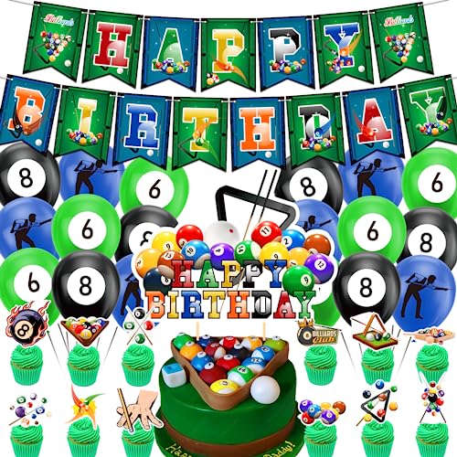 Billard Party Dekoration - Geburtstag Zubehör Set Mit Happy Birthday Banner, Kuchen Topper, Cupcake Toppers, Ballons für Sport Theme Party Billard Party Dekoration - Geburtstag Zubehör Set Mit Happy Birthday Banner, Kuchen Topper, Cupcake Toppers, Ballons für Sport Theme Party von LFCFDX