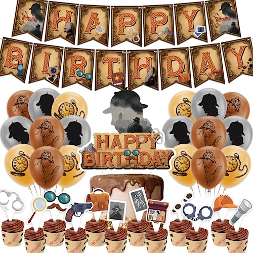 Detektive Geburtstagsdekoration Detektiv Party Lieferungen inkl. Detektiv Happy Birthday Banner Cake Topper Cupcake Toppers Luftballons für die 1920er Jahre Detektive Party Detektiv Geburtstag von LFCFDX