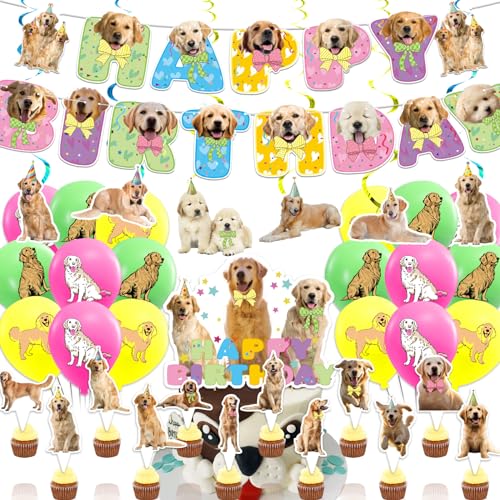 Golden Retriever Party Dekorationen Golden Retriever Geburtstag Party Zubehör beinhaltet Hund Geburtstag Banner Hängende Wirbel Kuchen Topper Cupcake Toppers Ballons von LFCFDX