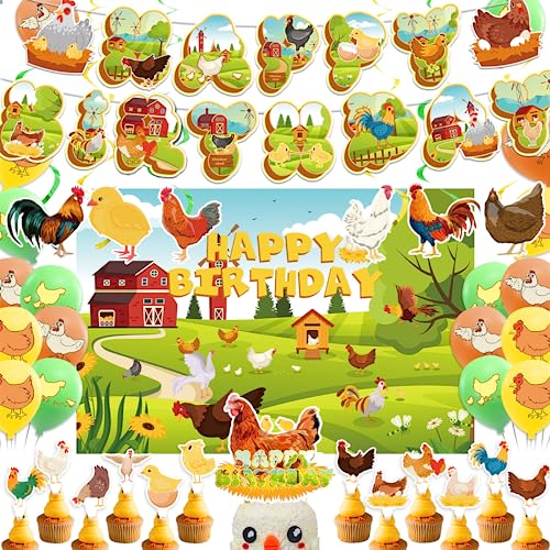 Huhn Geburtstag Dekorationen Huhn Party Liefert Set mit Huhn Geburtstag Banner Backdrop Spirals Kuchen Cupcake Toppers Luftballons für Bauernhof Baby Shower Dekorationen von LFCFDX