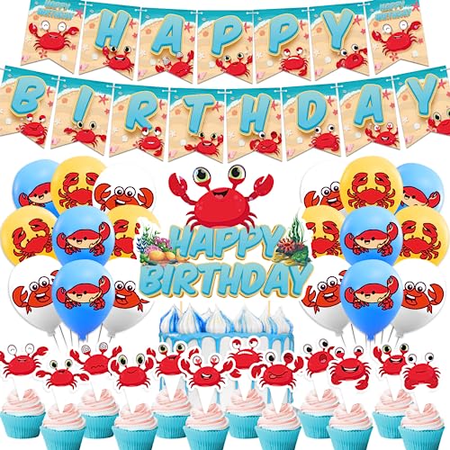Krabben Geburtstag Party Dekorationen Krabben Party Zubehör beinhaltet Krabben Happy Birthday Banner Kuchen Topper Cupcake Toppers Ballons für Krabben Party, Meeresfrüchte Party, Ozean Party von LFCFDX